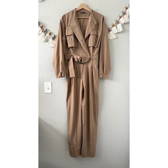 Zara Long Utility V-Neck Jumpsuit Straight Leg Belted In Camel Contemporary M - Picture 1 of 13